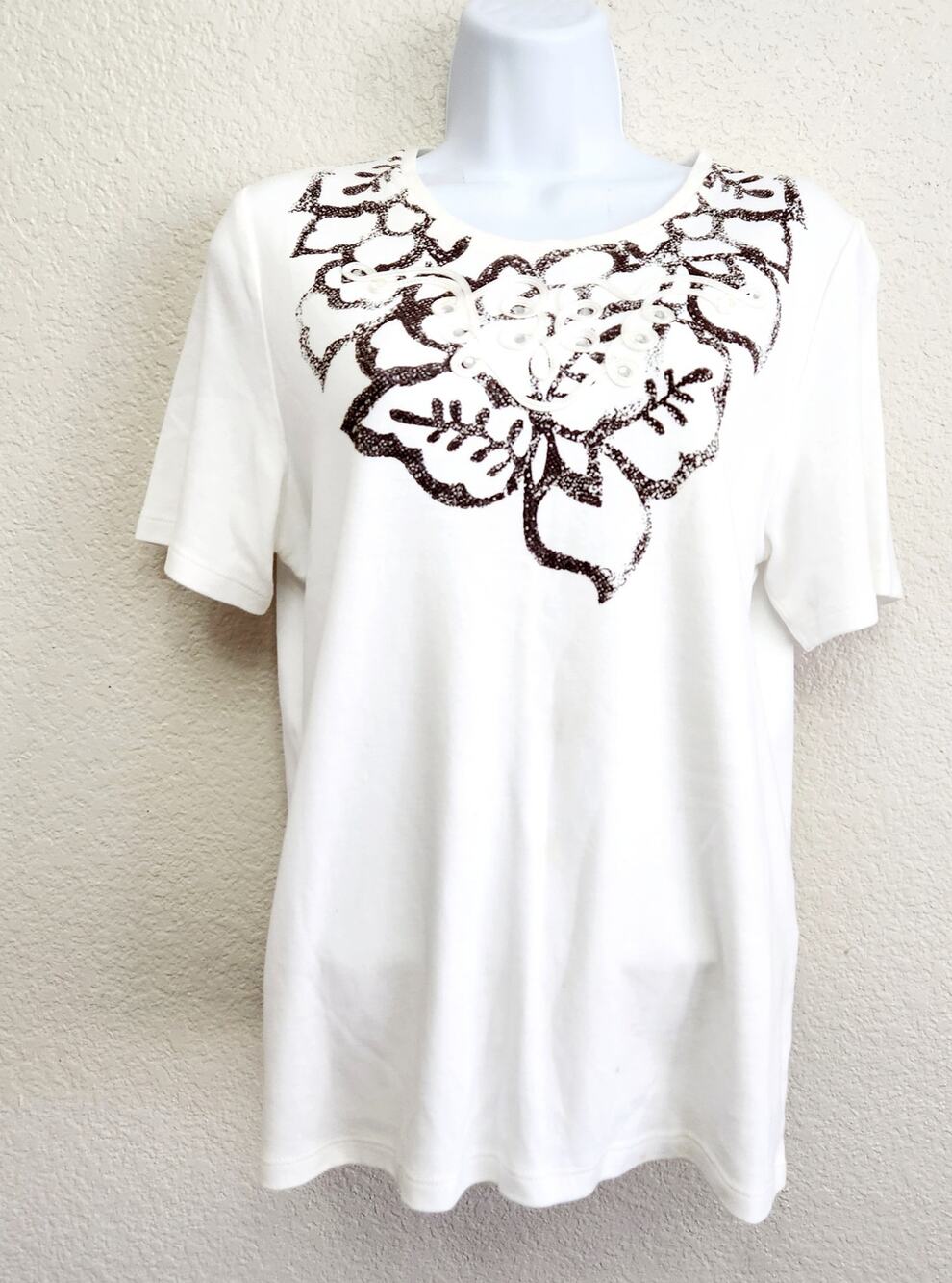 Allison Daley White Black Floral Bodice Rhinestone Top Medium Lightweight Soft